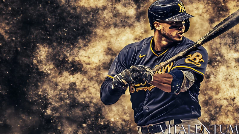 Baseball slugger prepares to swing amid explosive energy clouds.