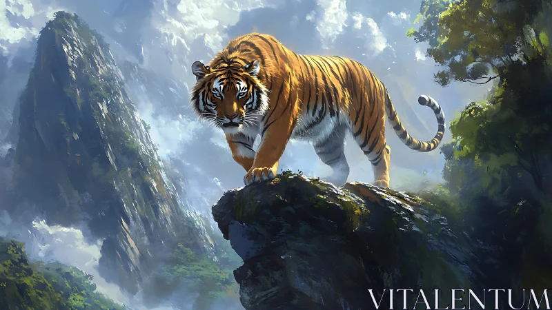 Digitally rendered tiger surveys misty cliffs with dynamic lighting