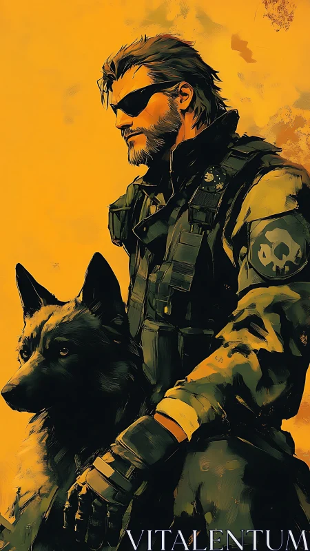 Steely-eyed mercenary and hound share a sunset watch