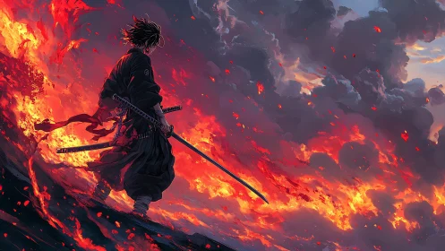 Lone samurai strides through burning storm of fire and ash.
