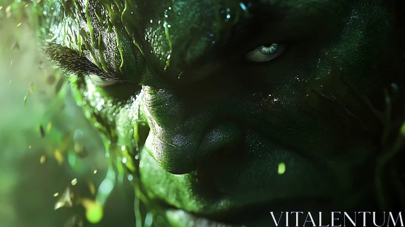 Green raging titan close-up in cinematic 3D render.
