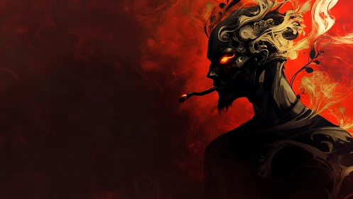Flaming humanoid silhouette exhales fire against red void