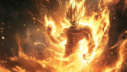 Solar-flared warrior erupting in molten golden fury.