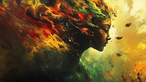 Profile of a stylized female figure merges with abstract flow