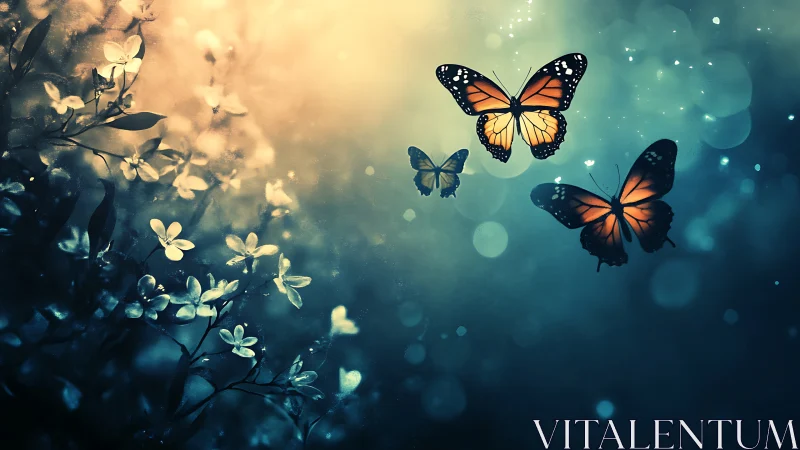 Butterflies move through glowing bokeh above dim flowers