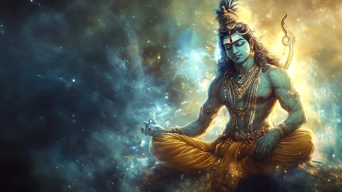 Cosmic meditation of blue-skinned deity in radiant nebula field.