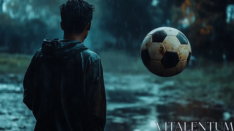 Boy in rain jacket watching worn football in midair.