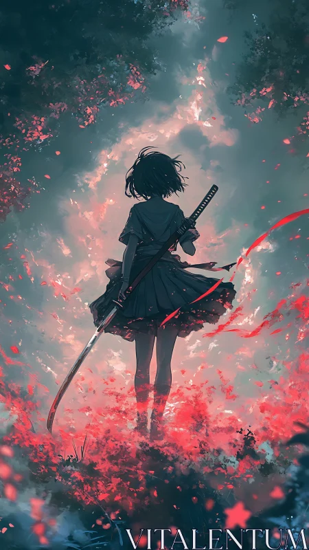 Scarlet petals ignite around the lone anime swordbearer.