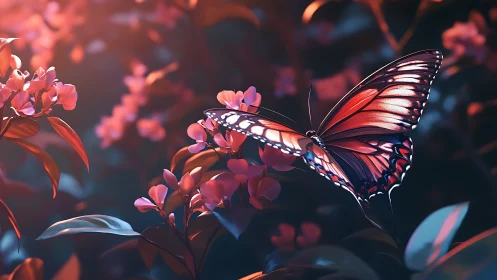 Butterfly on pink blossoms in soft dusk garden lighting.