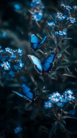 Digital painting of blue butterflies in nocturnal floralscape.