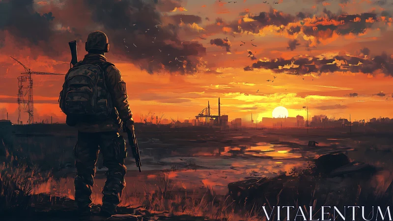 Solitary soldier overlooking war-torn industrial sunset plain.