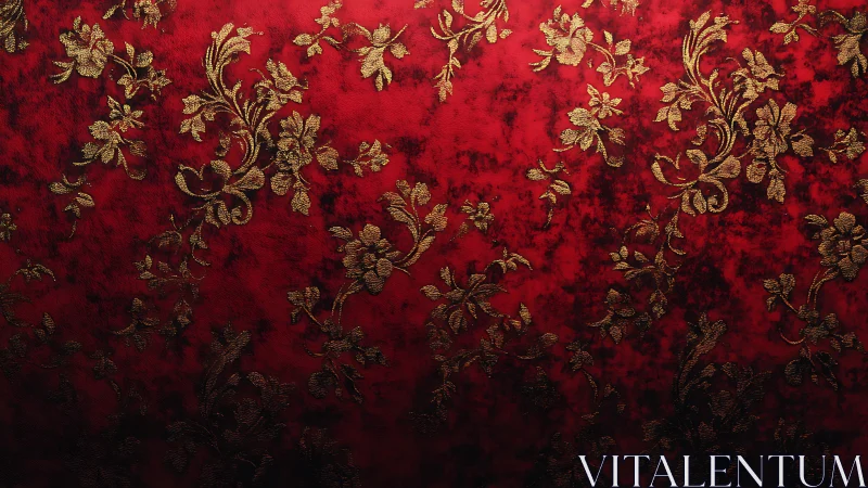 Red textile surface with dense gold floral damask pattern.