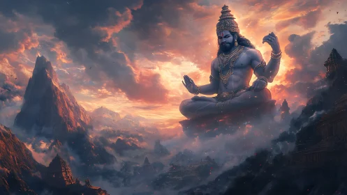 Mountain deity meditates above radiant sunset clouds.