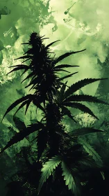 Cannabis plant silhouette against textured green backdrop.