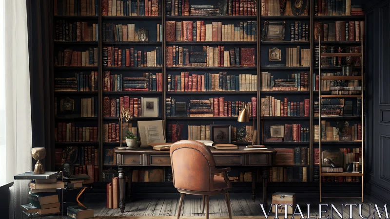 Study desk faces tall wall of antique filled bookshelves
