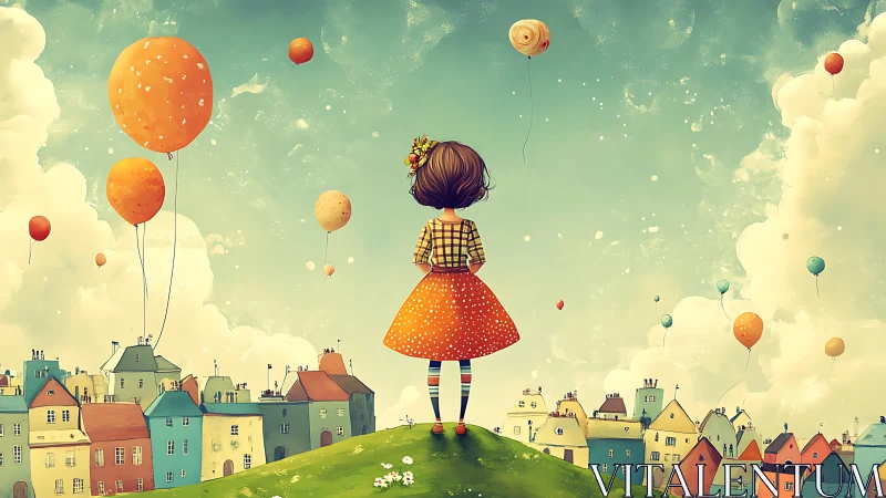 Whimsical digital painting of girl on hill above balloon city.