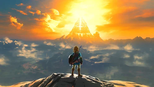 Backlit fantasy explorer surveying irradiated volcanic horizon.