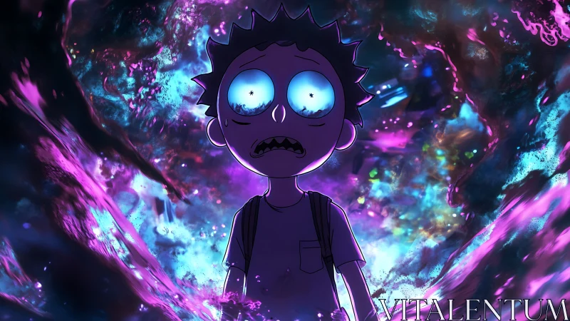 Shocked cartoon boy stands in glowing cosmic void.