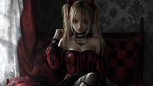 Gothic anime girl rests in dimly lit, red-black bedroom.
