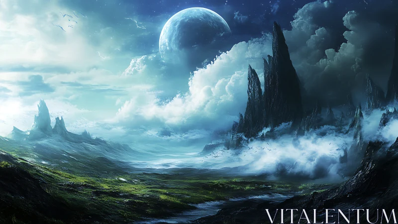 Alien landscape under massive moon with jagged spires.