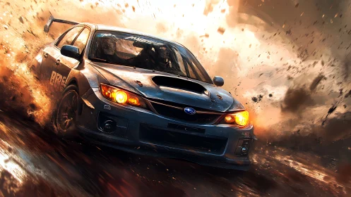 Rally car powerslides through dirt with glowing headlights.