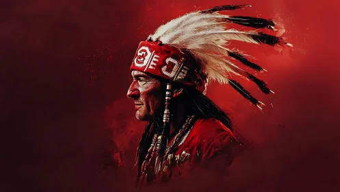 Elder in feathered headdress stands in a vivid red haze