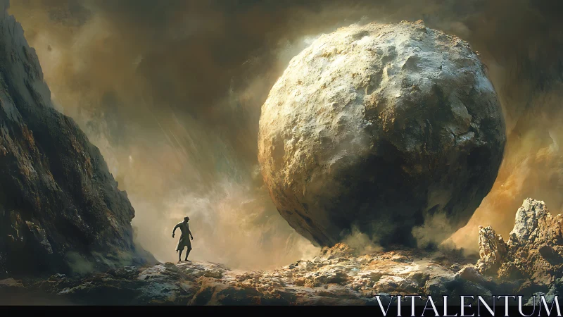 Wanderer Confronts Cosmic Boulder in Stormlit Expanse.