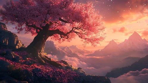 Blossoming cherry tree over misty mountains at sunset.