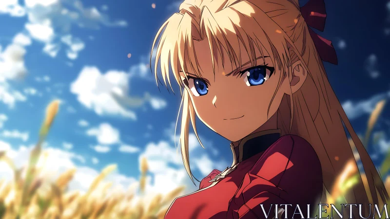 Blonde anime warrior in red stands confident in sunlit field.