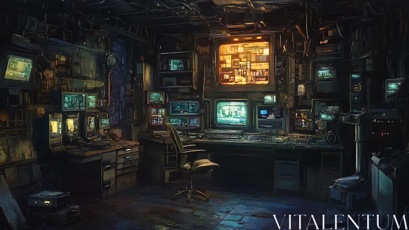 Cyberpunk surveillance command hub with retro monitors aglow.