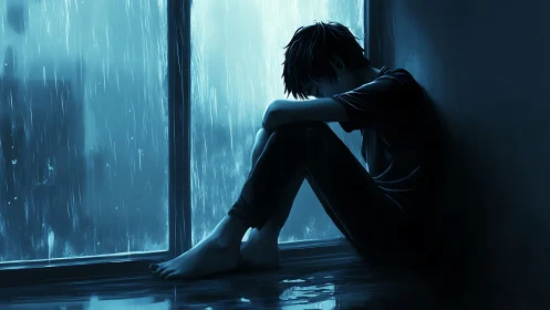 Silhouetted figure sitting by rain covered window in blue tones.