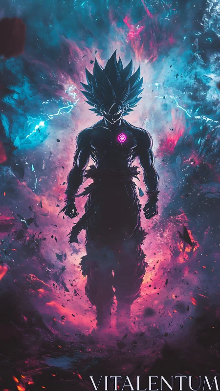 Powerful energy warrior silhouette in vivid cosmic aura.