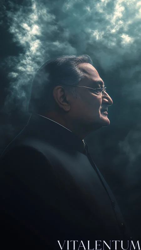 Older man in profile stands against dark smoky backdrop
