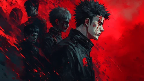 Four male figures in dark uniforms against red background.