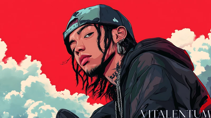 Digital portrait depicts youth in hooded jacket against sky