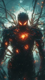 Infernal biomech warrior stands in glowing forest storm