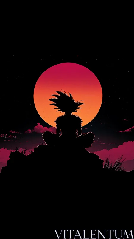 Silhouetted warrior meditating before a neon eclipse sun.