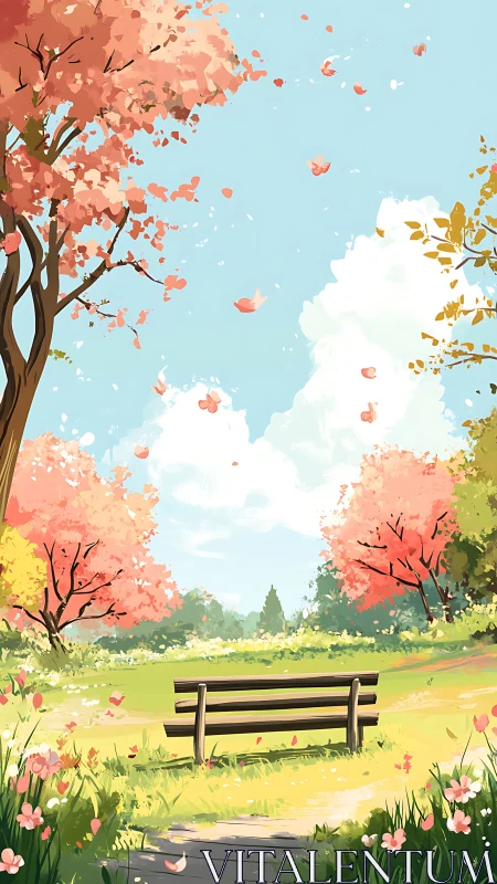 Spring park bench under blooming trees in bright midday light.