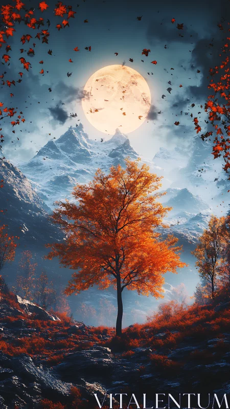 Golden autumn tree glows softly beneath a luminous full moon