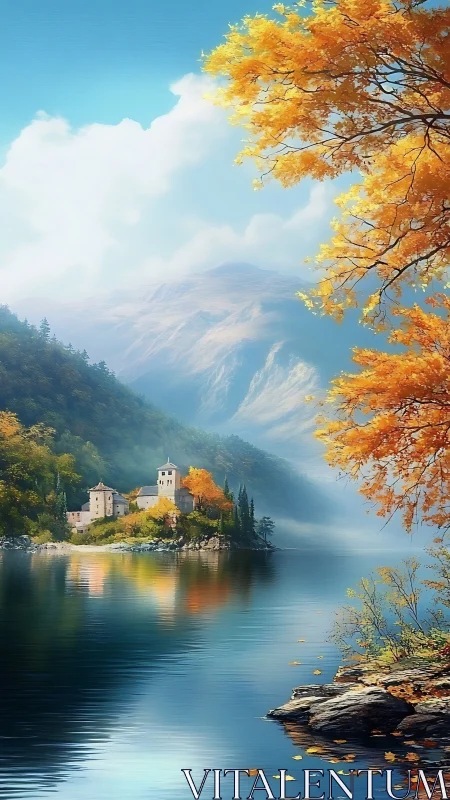 Mountain lake landscape shows autumn foliage and distant village