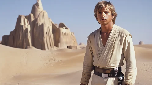 Young desert wanderer stands before monolithic sand fortress