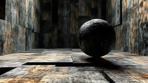 Textured metallic sphere in modular industrial chamber.