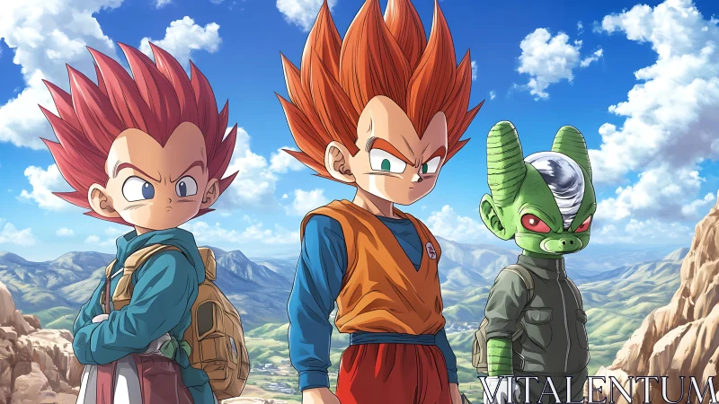 Young anime warriors stand defiant under a vast blue sky