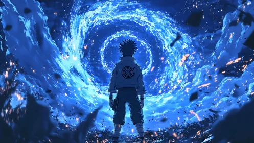 Solitary figure observing rotating blue energy vortex.