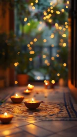 Clay oil lamps glow along patterned floor, golden bokeh.