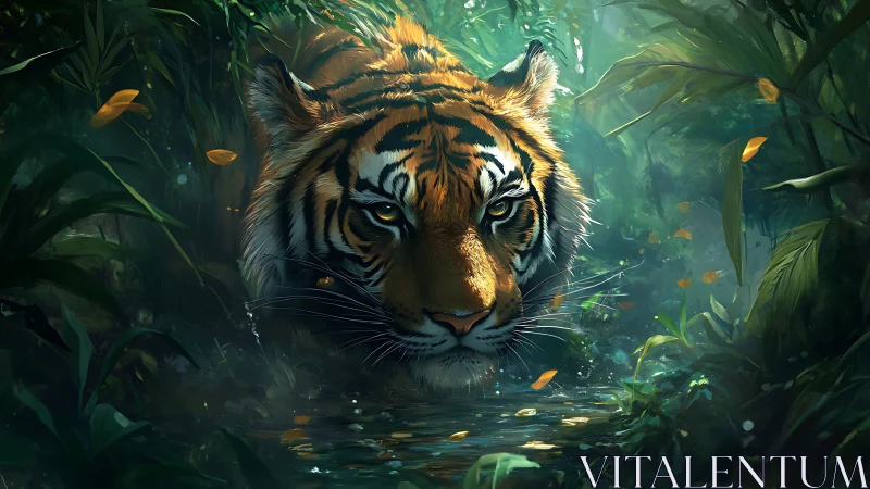 Digital painting of stalking tiger in luminous jungle shallows.
