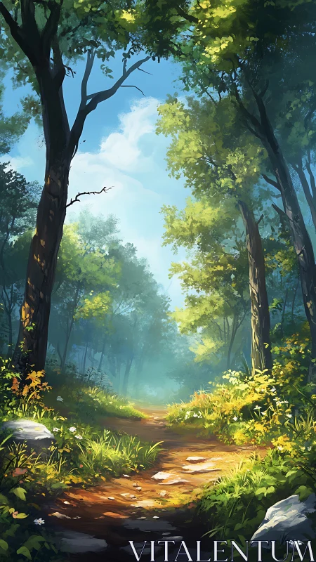 Forest Pathway Drenched in Golden Sunlight Through Towering Canopy.