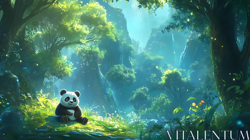 Cartoon panda sitting in glowing green forest clearing.