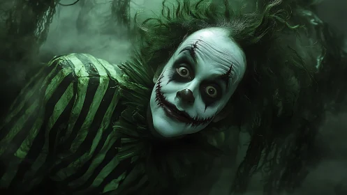 Sinister clown portrait leans into camera in green fog