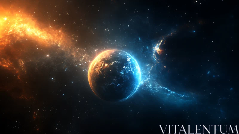 Planetary horizon against dual-tone cosmic nebula field.